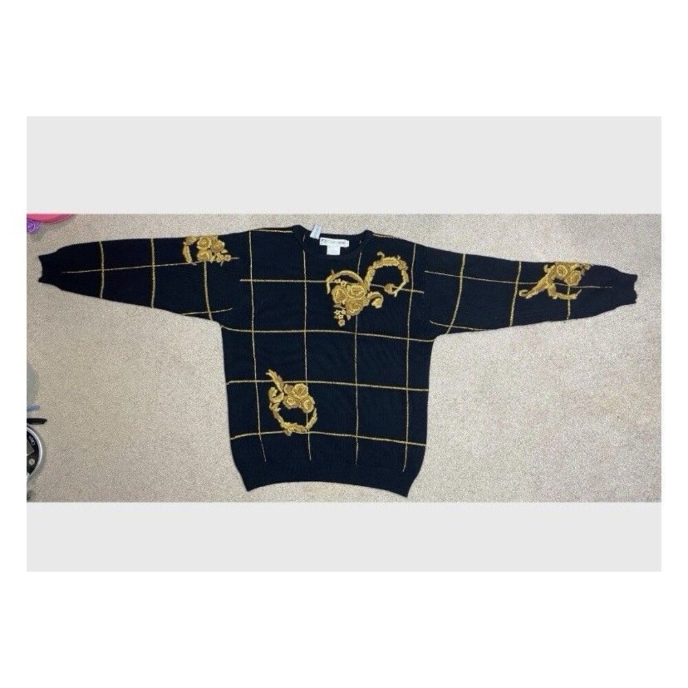 VTG JH Collectibles 100% Wool Sweater Large Black Gold Metallic Grid Floral L